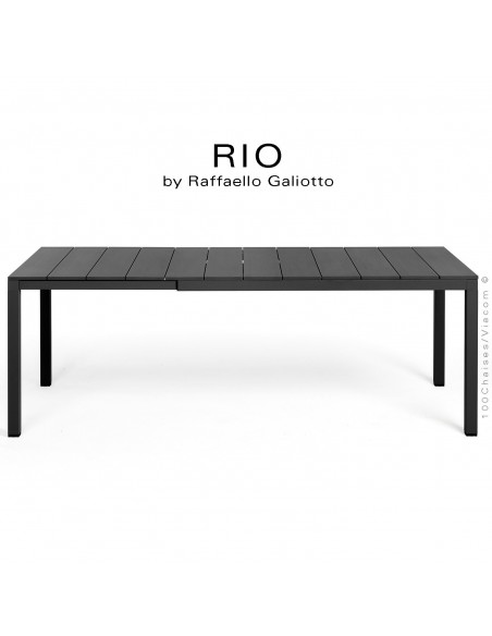 Table à manger RIO ALU 140 noir, plateau rectangulaire extensible en aluminium, 4 pieds en aluminium.