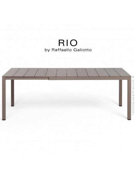 Table à manger RIO ALU 140 gris tourterelle, plateau rectangulaire extensible en aluminium, 4 pieds en aluminium.