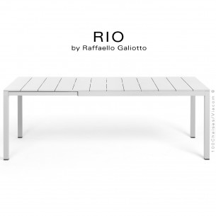 Table à manger RIO ALU 140 blanc, plateau rectangulaire extensible en aluminium, 4 pieds en aluminium.