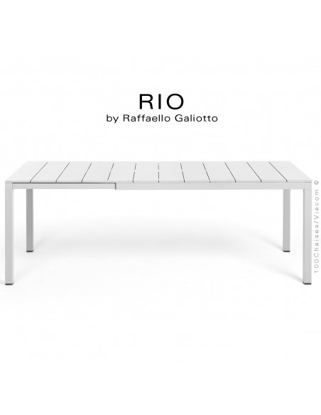 Table à manger RIO ALU 140 blanc, plateau rectangulaire extensible en aluminium, 4 pieds en aluminium.