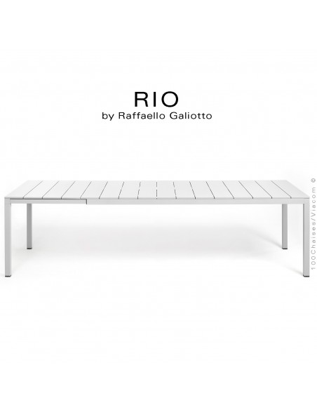 Table à manger RIO ALU 210 blanc, plateau rectangulaire extensible en aluminium, 4 pieds en aluminium.