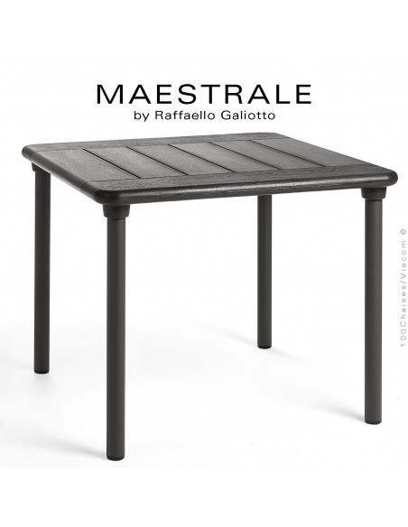 Table à manger MAESTRALE 90, couleur anthracite, plateau carré en plastique, 4 pieds en aluminium.