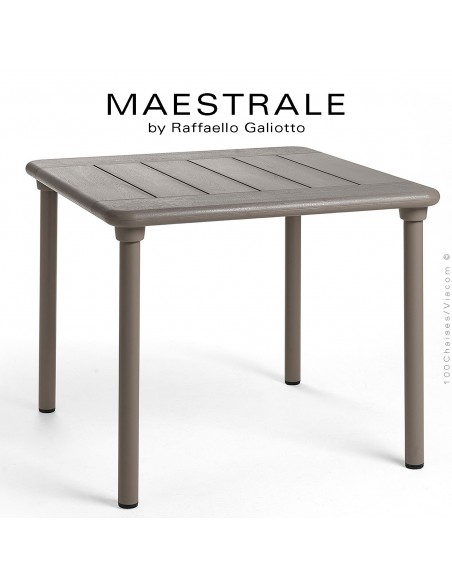 Table à manger MAESTRALE 90, couleur gris tourterelle, plateau carré en plastique, 4 pieds en aluminium.