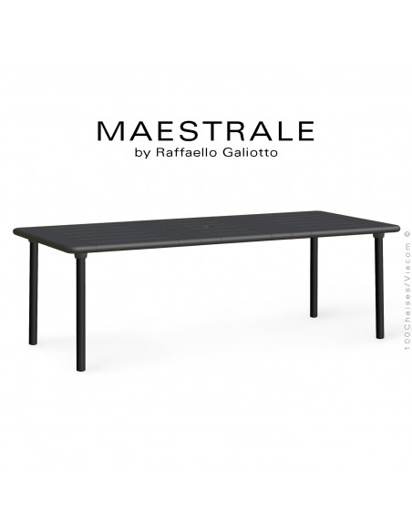 Table à manger MAESTRALE 220, plateau rectangulaire extensible en plastique, 4 pieds en aluminium. Couleur anthracite.