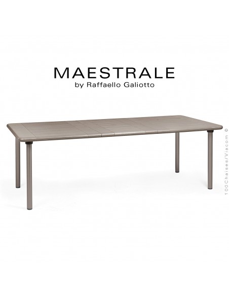 Table à manger MAESTRALE 220, plateau rectangulaire extensible en plastique, 4 pieds en aluminium. Couleur gris tourterelle.