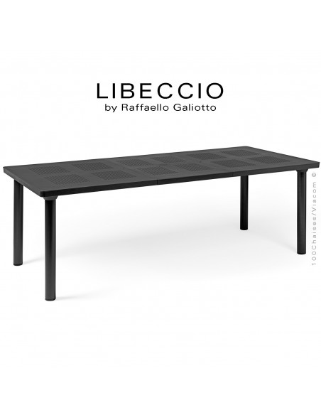 Table à manger LIBECCIO, plateau rectangulaire extensible, 4 pieds rond. Couleur anthracite.