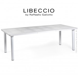 Table à manger LIBECCIO, plateau rectangulaire extensible, 4 pieds rond. Couleur blanc.