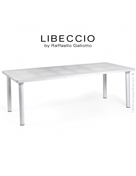 Table à manger LIBECCIO, plateau rectangulaire extensible, 4 pieds rond. Couleur blanc.