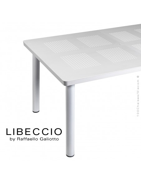 Table à manger LIBECCIO, plateau rectangulaire extensible, 4 pieds rond. Couleur blanc.