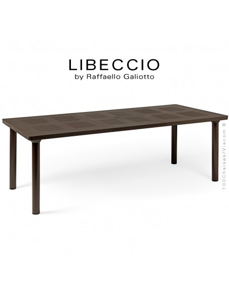 Table à manger LIBECCIO, plateau rectangulaire extensible, 4 pieds rond. Couleur café.