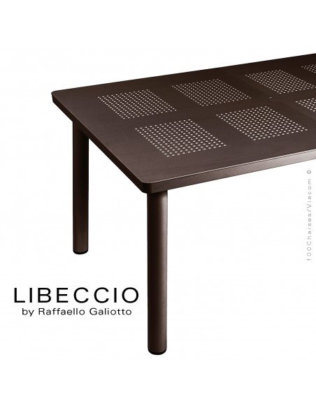 Table à manger LIBECCIO, plateau rectangulaire extensible, 4 pieds rond. Couleur café.