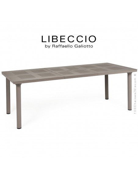 Table à manger LIBECCIO, plateau rectangulaire extensible, 4 pieds rond. Couleur gris tourterelle.