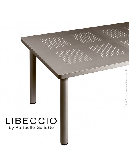 Table à manger LIBECCIO, plateau rectangulaire extensible, 4 pieds rond. Couleur gris tourterelle.