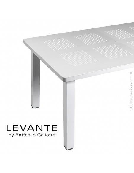 Table à manger LEVANTE, plateau rectangulaire extensible, 4 pieds carré. Couleur blanc.