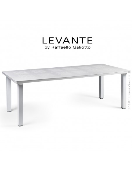 Table à manger LEVANTE, plateau rectangulaire extensible, 4 pieds carré. Couleur blanc.