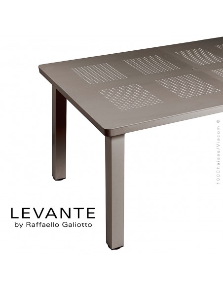 Table à manger LEVANTE, plateau rectangulaire extensible, 4 pieds carré. Couleur gris tourterelle.