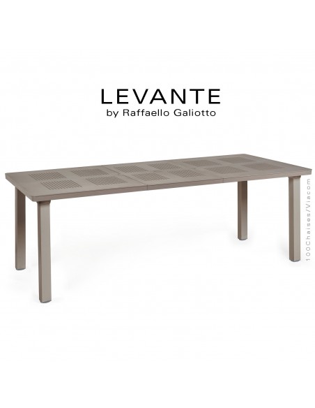 Table à manger LEVANTE, plateau rectangulaire extensible, 4 pieds carré. Couleur gris tourterelle.