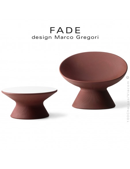 Exemple mobilier collection FADE, table basse ronde, fauteuil lounge, structure plastique couleur.
