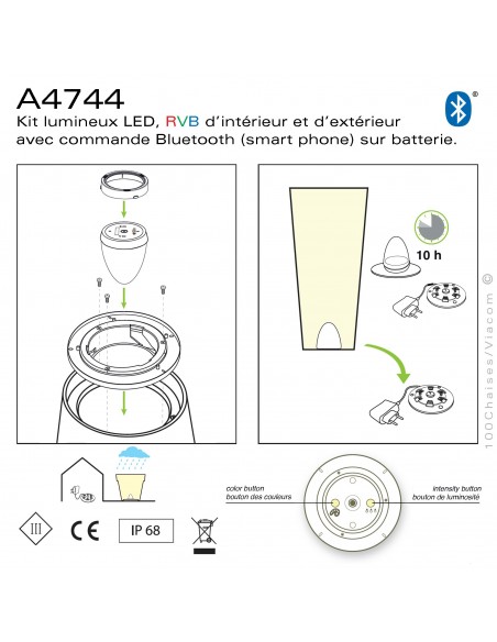 Tabouret lumineux design FADE, kit lumineux LED - RVB, intérieur et extérieur avec commande Bluetooth sur batterie.