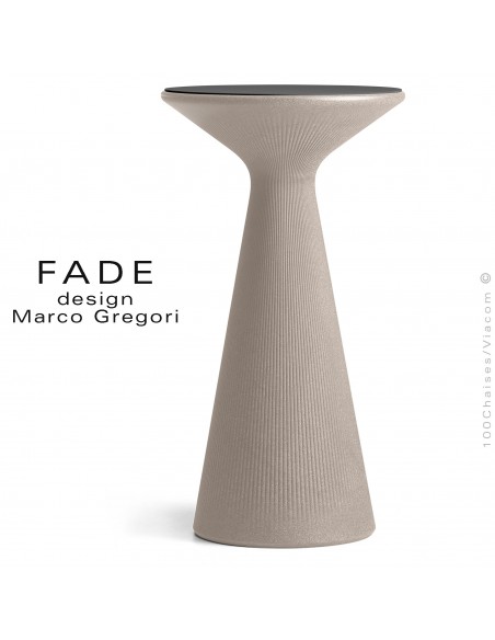 Table haute ou mange debout design FADE, structure plastique couleur pierre, plateau compact HPL noir.
