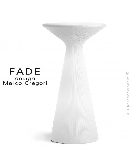 Table haute ou mange debout lumineux FADE, plastique blanc, kit LED-RVB d'extérieur avec commande Bluetooth sur batterie.