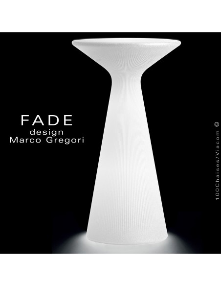 Table haute ou mange debout lumineux FADE, plastique blanc, kit LED-RVB d'extérieur avec commande Bluetooth sur batterie.