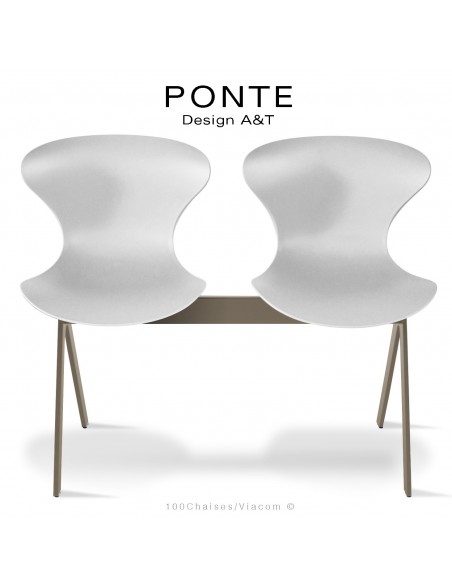 Banc ou assise sur poutre PONTE, 2 places, coque plastique blanche, piétement acier peint beige nacré.