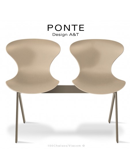 Banc ou assise sur poutre PONTE, 2 places, coque plastique crème, piétement acier peint beige nacré.