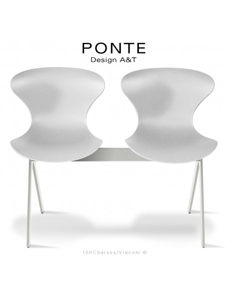 Banc ou assise sur poutre PONTE, 2 places, coque plastique blanche, piétement acier peint blanc sécurité.