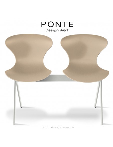 Banc ou assise sur poutre PONTE, 2 places, coque plastique crème, piétement acier peint blanc sécurité.