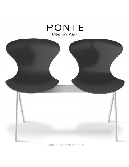 Banc PONTE 2 places, piétement acier peint blanc de sécurité, coque plastique couleur noir.