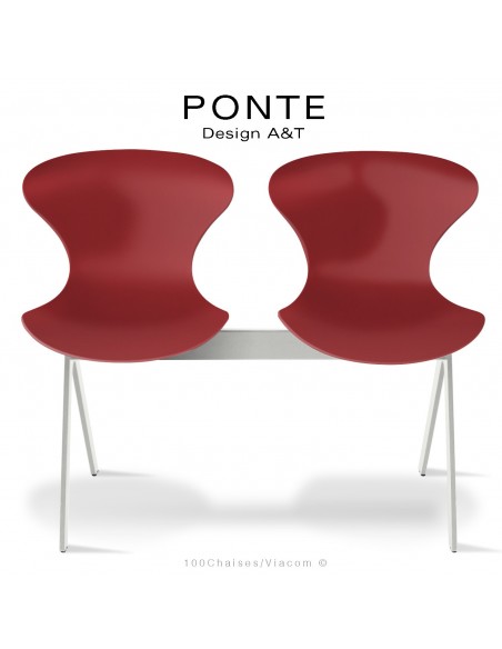 Banc PONTE 2 places, piétement acier peint blanc de sécurité, coque plastique couleur rouge.