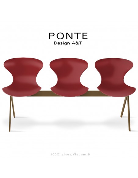 Banc PONTE 3 places, piétement acier peint or nacré, coque plastique couleur rouge.