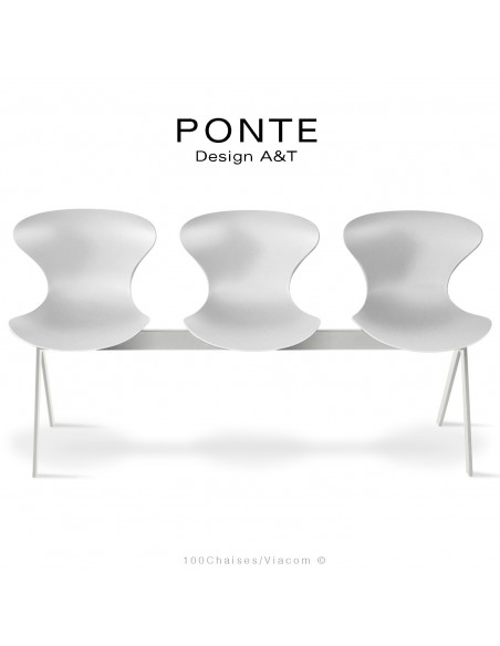 Banc PONTE 3 places, piétement acier peint blanc de sécurité, coque plastique couleur blanc.