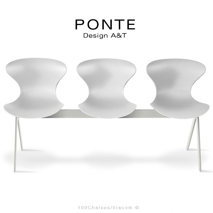 Banc PONTE 3 places, piétement acier peint blanc de sécurité, coque plastique couleur blanc.