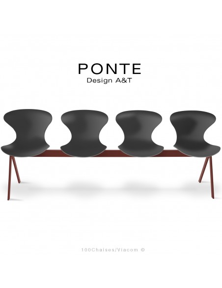 Banc PONTE 4 places, piétement acier peint rouge oxyde, coque plastique couleur noir.