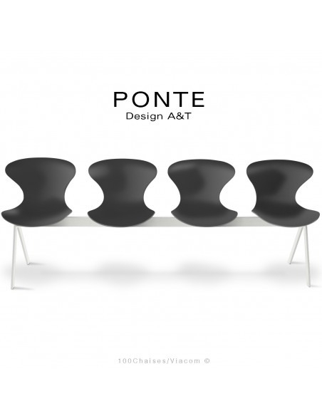 Banc PONTE 4 places, piétement acier peint blanc de sécurité, coque plastique couleur noir.