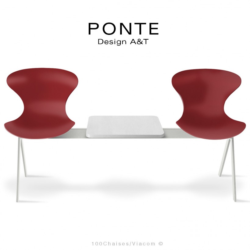 Banc PONTE 2 places, piétement acier blanc de sécurité, coque plastique couleur rouge, tablette blanc.