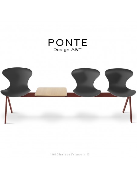 Banc PONTE, 3 places, piétement acier peint rouge oxyde, coque plastique couleur noir, tablette bois.