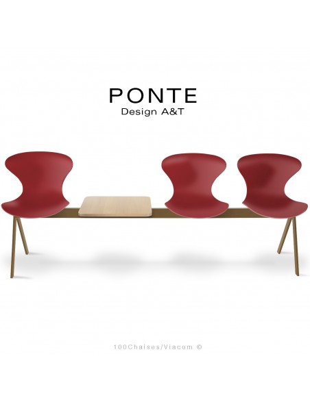 Banc PONTE, 3 places, piétement acier peint or nacré, coque plastique couleur rouge, tablette bois.