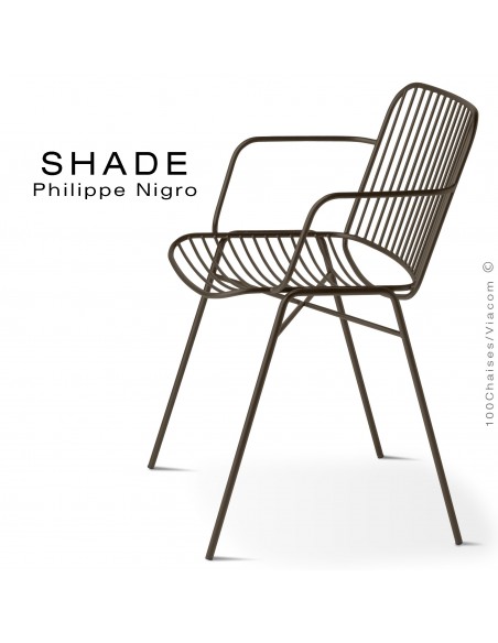 Fauteuil SHADE, structure 4 pieds en tube, assise et dossier en tige d'acier finition marron.