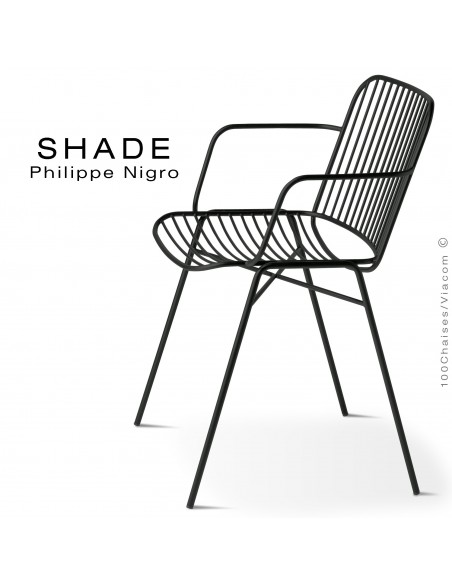 Fauteuil SHADE, structure 4 pieds en tube, assise et dossier en tige d'acier finition noir.