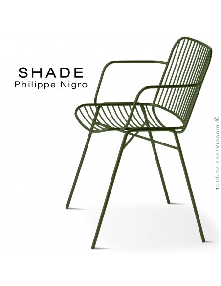 Fauteuil SHADE, structure 4 pieds en tube, assise et dossier en tige d'acier finition vert olive.