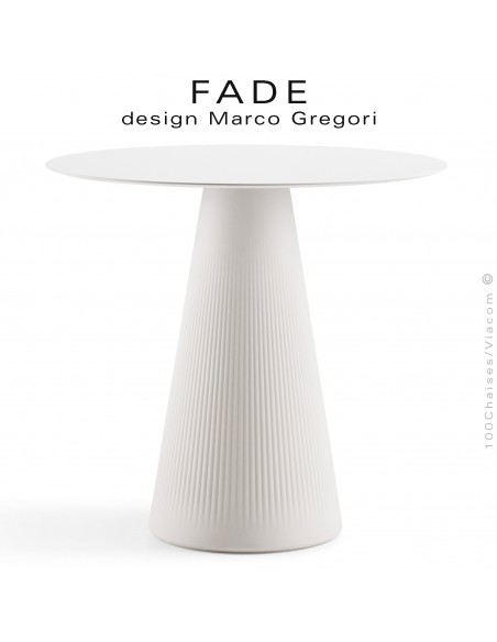 Table design FADE, piétement conique plastique blanc, plateau Ø70 cm., HPL blanc.