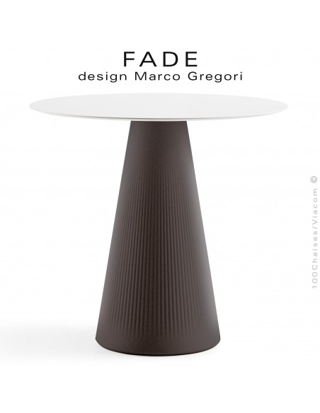 Table design FADE, piétement conique plastique couleur granit, plateau Ø70 cm., HPL blanc.