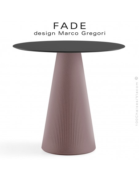 Table design FADE, piétement conique plastique blanc, plateau Ø70 cm., HPL noir.