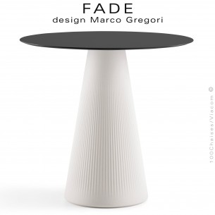 Table design FADE, piétement conique plastique blanc, plateau Ø70 cm., HPL noir.