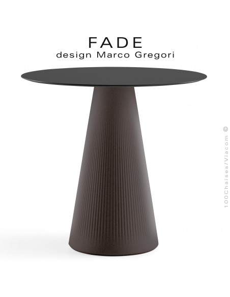 Table design FADE, piétement conique plastique couleur granit, plateau Ø70 cm., HPL noir.