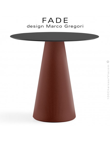 Table design FADE, piétement conique plastique couleur pierre de lave, plateau Ø70 cm., HPL noir.
