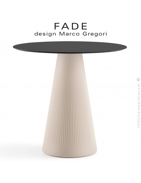 Table design FADE, piétement conique plastique couleur vieille pierre, plateau Ø70 cm., HPL noir.